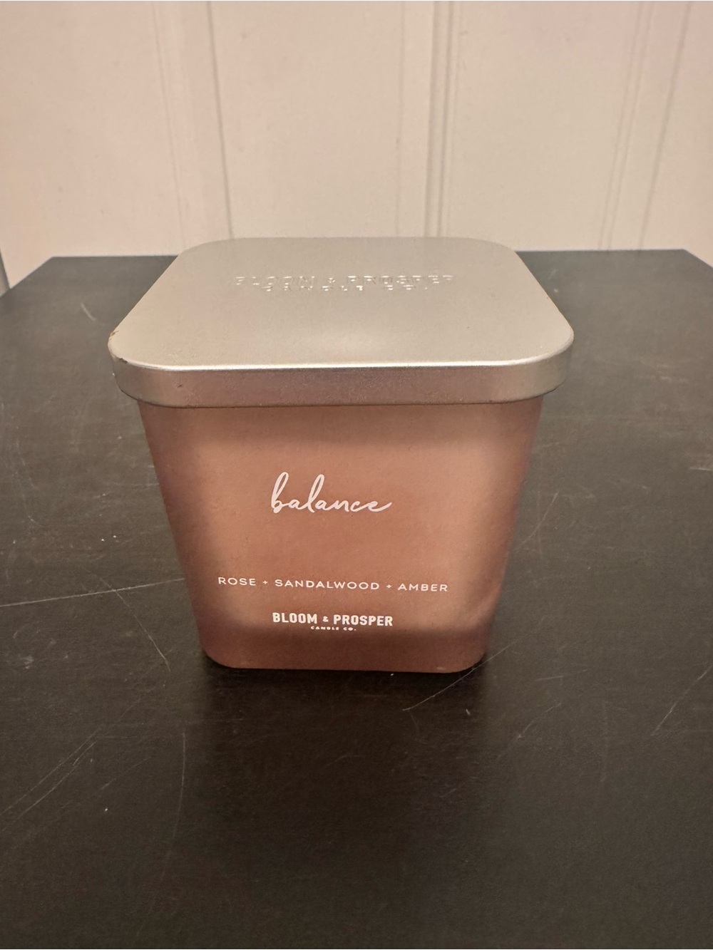 Bloom & Prosper Candle Balance: Rose Sandalwood Amber Square Jar Pink 14oz Lid